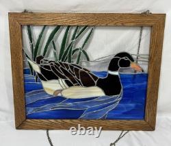 Vintage Leaded Slag Stained Glass Mallard Duck Window Panel Solid Oak Frame 22.5