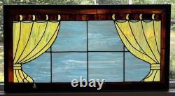 Vintage Leaded Slag Stained Glass Window Panel Curtains Drapes Wood Frame