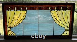 Vintage Leaded Slag Stained Glass Window Panel Curtains Drapes Wood Frame
