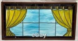 Vintage Leaded Slag Stained Glass Window Panel Curtains Drapes Wood Frame