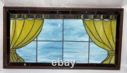 Vintage Leaded Slag Stained Glass Window Panel Curtains Drapes Wood Frame
