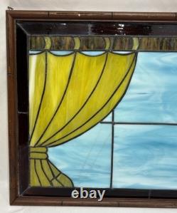 Vintage Leaded Slag Stained Glass Window Panel Curtains Drapes Wood Frame
