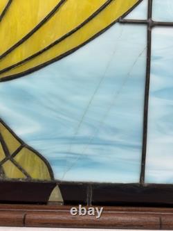 Vintage Leaded Slag Stained Glass Window Panel Curtains Drapes Wood Frame