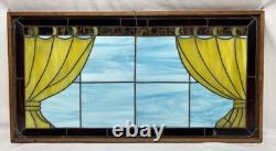 Vintage Leaded Slag Stained Glass Window Panel Curtains Drapes Wood Frame