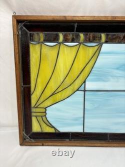 Vintage Leaded Slag Stained Glass Window Panel Curtains Drapes Wood Frame