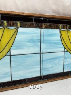 Vintage Leaded Slag Stained Glass Window Panel Curtains Drapes Wood Frame