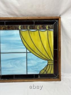 Vintage Leaded Slag Stained Glass Window Panel Curtains Drapes Wood Frame