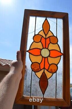 Vintage Leaded Stained Glass Framed Panel Geometric Flourish Hanging Art
