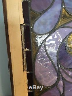 Vintage Leaded Stained Glass Panel 18.5 x 31 in a Wooden Frame