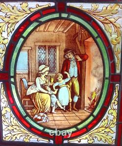 Vintage Leaded Stained Glass Pictorial Window Panel 16 x 14