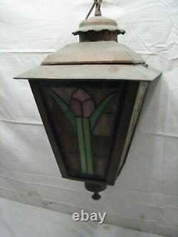 Vintage Leaded Stained Glass Tulip Panel Hanging Lamp Chandelier Ceiling Light