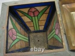 Vintage Leaded Stained Glass Tulip Panel Hanging Lamp Chandelier Ceiling Light