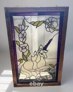Vintage Leaded Stained Glass Window Panel Handcrafted Unicorn & Flowers 36x23