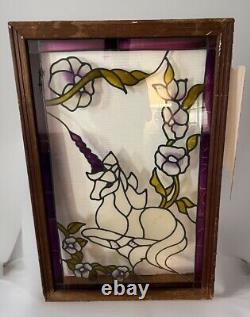 Vintage Leaded Stained Glass Window Panel Handcrafted Unicorn & Flowers 36x23