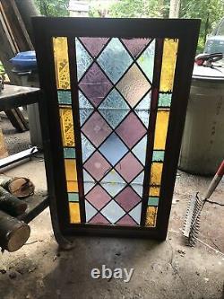 Vintage Leaded Stained Glass Wooden Frame Panel Beveled Blue 21 x 38