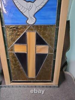 Vintage Leaded Stained & Slag glass Framed Window Panel Cross And Dove