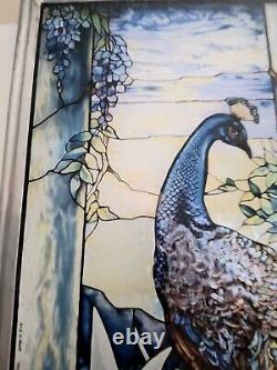 Vintage Louis Tiffany Peacock Stained Glass Glassmasters Window Hanging Panel