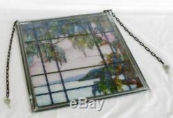 Vintage MMA Tiffany Stained Glass Window Panel View of Oyster Bay Pewter Frame