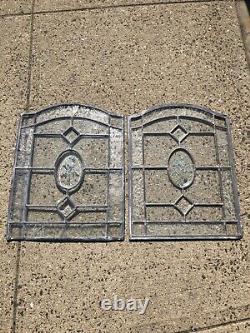Vintage Pair Of Leaded Stained Glass Clear Floral Panels