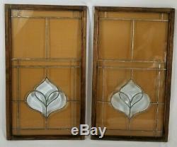 Vintage Pair Wood Framed Beveled Leaded Stained Glass Panel Art Deco 27