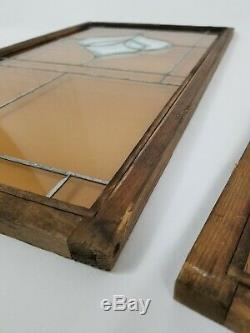 Vintage Pair Wood Framed Beveled Leaded Stained Glass Panel Art Deco 27