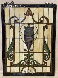 Vintage Quoizel Stained Glass Panel Window 24.25x18.25 Vase Urn Tiffany Style