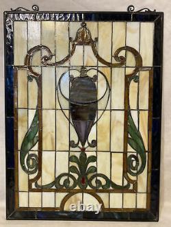 Vintage Quoizel Stained Glass Panel Window 24.25x18.25 Vase Urn Tiffany Style
