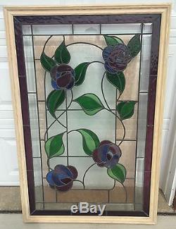 Vintage! STAINED GLASS Panel With FLOWERS Beautiful Home Decor FRAMED 35x50.5