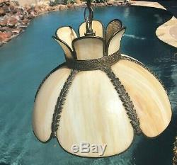 Vintage Slag Glass Hanging Chandelier Light Fixture 6 Panel Stained Glass Lamp