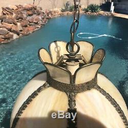 Vintage Slag Glass Hanging Chandelier Light Fixture 6 Panel Stained Glass Lamp
