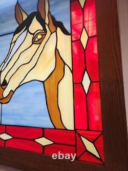 Vintage Stain glass Framed hanging panel Horse. 24.5 X 30.5