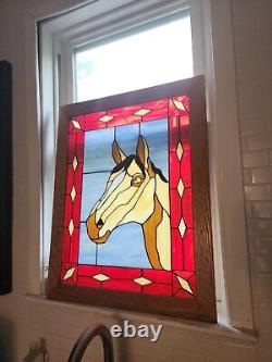 Vintage Stain glass Framed hanging panel Horse. 24.5 X 30.5