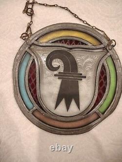 Vintage Stained Glass Basel Switzerland Panel Crest Etched & Hanging Chain B18