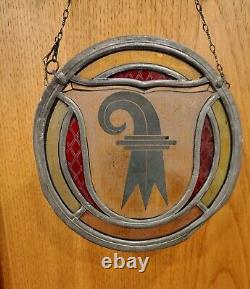 Vintage Stained Glass Basel Switzerland Panel Crest Etched & Hanging Chain B18