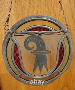 Vintage Stained Glass Basel Switzerland Panel Crest Etched & Hanging Chain B18