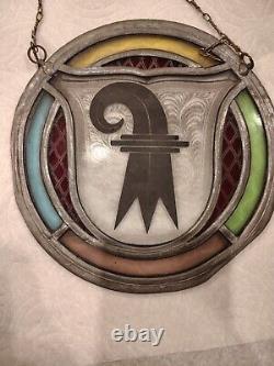 Vintage Stained Glass Basel Switzerland Panel Crest Etched & Hanging Chain B18