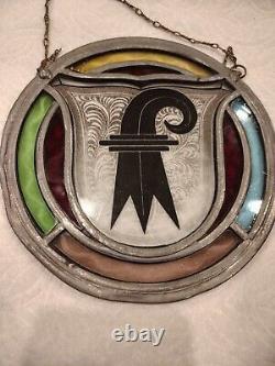 Vintage Stained Glass Basel Switzerland Panel Crest Etched & Hanging Chain B18