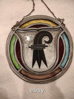 Vintage Stained Glass Basel Switzerland Panel Crest Etched & Hanging Chain B18