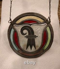 Vintage Stained Glass Basel Switzerland Panel Crest Etched & Hanging Chain B18