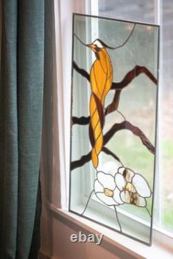 Vintage Stained Glass Bird and Flowers Window Panel with Beautiful Colors