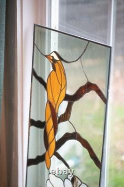 Vintage Stained Glass Bird and Flowers Window Panel with Beautiful Colors