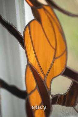 Vintage Stained Glass Bird and Flowers Window Panel with Beautiful Colors