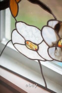 Vintage Stained Glass Bird and Flowers Window Panel with Beautiful Colors
