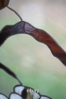 Vintage Stained Glass Bird and Flowers Window Panel with Beautiful Colors