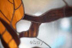 Vintage Stained Glass Bird and Flowers Window Panel with Beautiful Colors