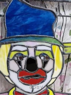 Vintage Stained Glass Clown Panel Handcrafted Leaded Window Hanging Art Decor