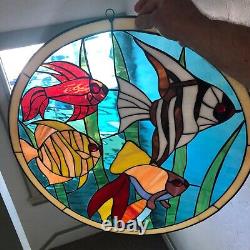 Vintage Stained Glass Hanging Panel Tropical Fish