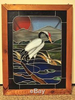 Vintage Stained Glass Hanging Window Panel White Heron Bird Pond Lake Nature Art