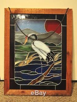Vintage Stained Glass Hanging Window Panel White Heron Bird Pond Lake Nature Art