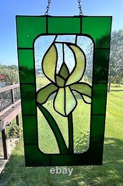 Vintage Stained Glass Iris Panel Handcrafted Etched Hanging Art Trinklein 15